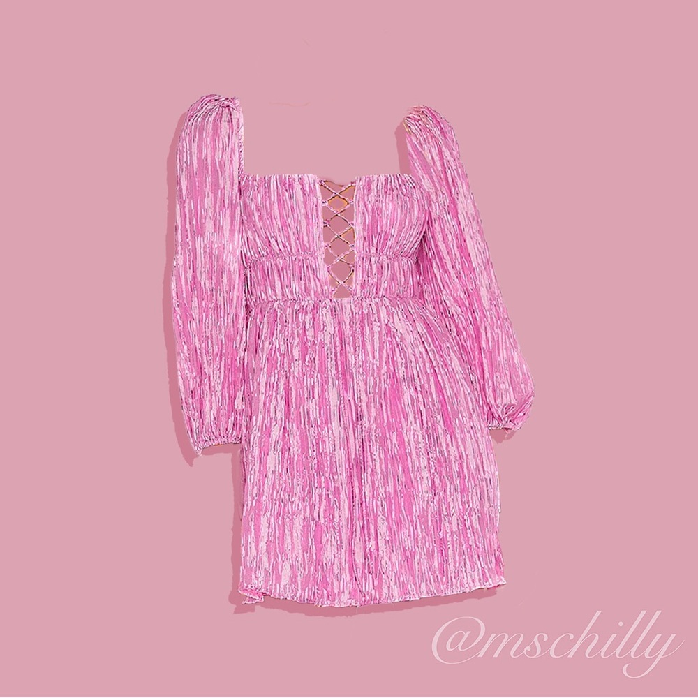 Lovers + Friends Take Me Out Mini Dress Pink Ribbed Taffeta Peasant Lace Up S